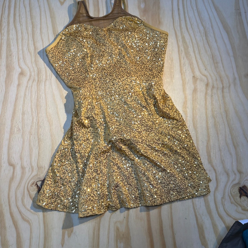 Satin Stitches Womens Large Gold Sequin Performance Dance Dress Illusion Neck